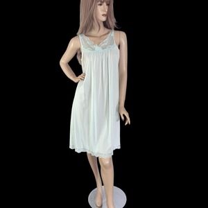 Vintage 60s Pale Blue Nylon Nightie Small Embroidered Empire Waist Slip Dress
